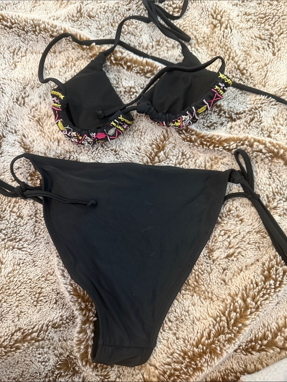 Black Women's Embroidered Triangle Bikini Set with Pink & Yellow Accents - Picture 3 of 3